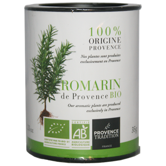 Romarin de Provence bio au parfum chaud légèrement boisé, feuilles entières séchées. Cultivé, séché et trié en Provence. Jolie boite.