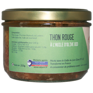 Thon rouge de ligne à l'huile d'olive bio. Pêché de manière artisanale en Mediterranée, sur la côte bleu. Texture ferme et fondante, et saveur délicate.