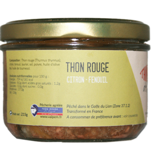 Thon rouge de ligne au citron et au fenouil. Pêché de manière artisanale sur la côte bleu. Texture ferme et fondante, et saveur méditerranéenne.