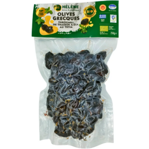 Throumba de thassos aop au thym olives noires Bio relativement pauvres en sel