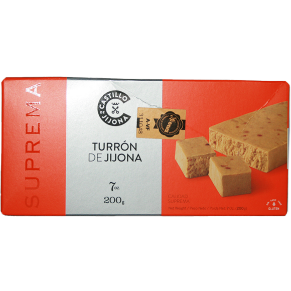 Turron de Jijona IGP castillo de jijona Calidad Suprema touron mou de qualité supérieure riche en amandes 64% et miel de fleur d'oranger (12%)