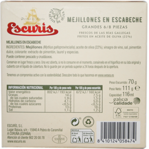 Très grosses moules de Galice AOP à l'escabèche préparées à la main frites à l'huile d'olive, très charnues à la texture fondante