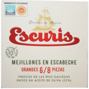 Très grosses moules de Galice AOP à l'escabèche préparées à la main frites à l'huile d'olive, très charnues à la texture fondante