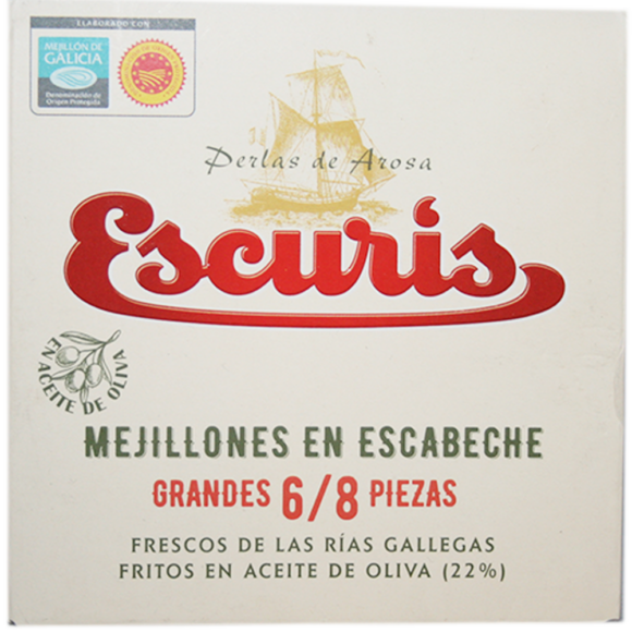 Très grosses moules de Galice AOP à l'escabèche préparées à la main frites à l'huile d'olive, très charnues à la texture fondante