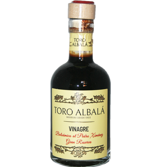 Vinaigre Balsamique al Pedro Ximenez Gran Reserva AOP. Robe sombre et brillante, veloutée. Long vieillissement arôme boisé de raisin sec, figues, datte.